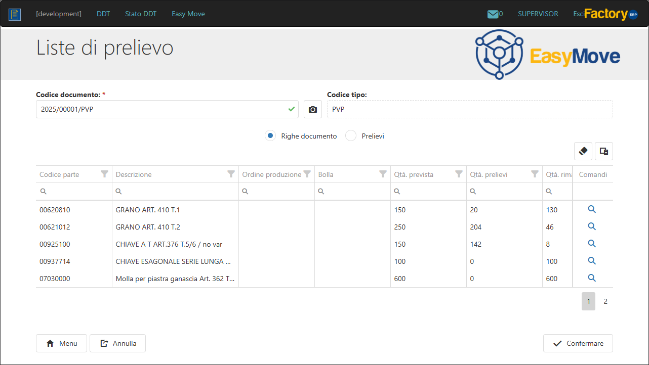 Schermata EasyMove delle liste di prelievo